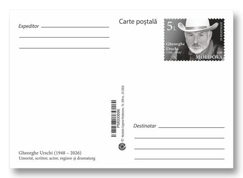 CPMF0189 „Gheorghe Urschi (1948-2026), umorist, scriitor, actor, regizor. In Memoriam.” (carte poștală cu marcă, fixă)